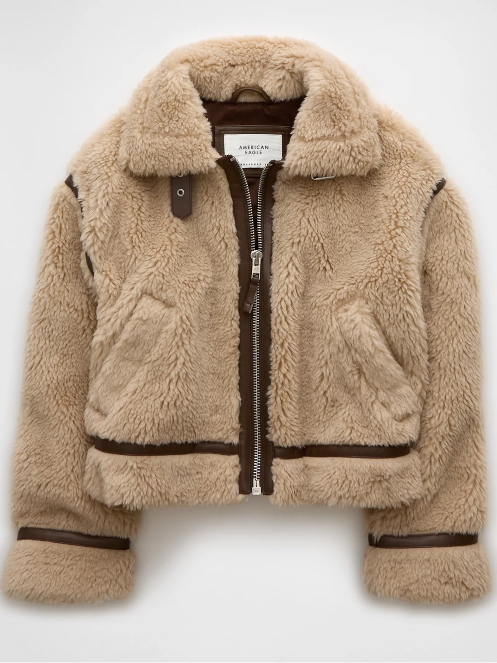 American Eagle Outfitters Cream Faux Shearling Jacket with Brown Lining